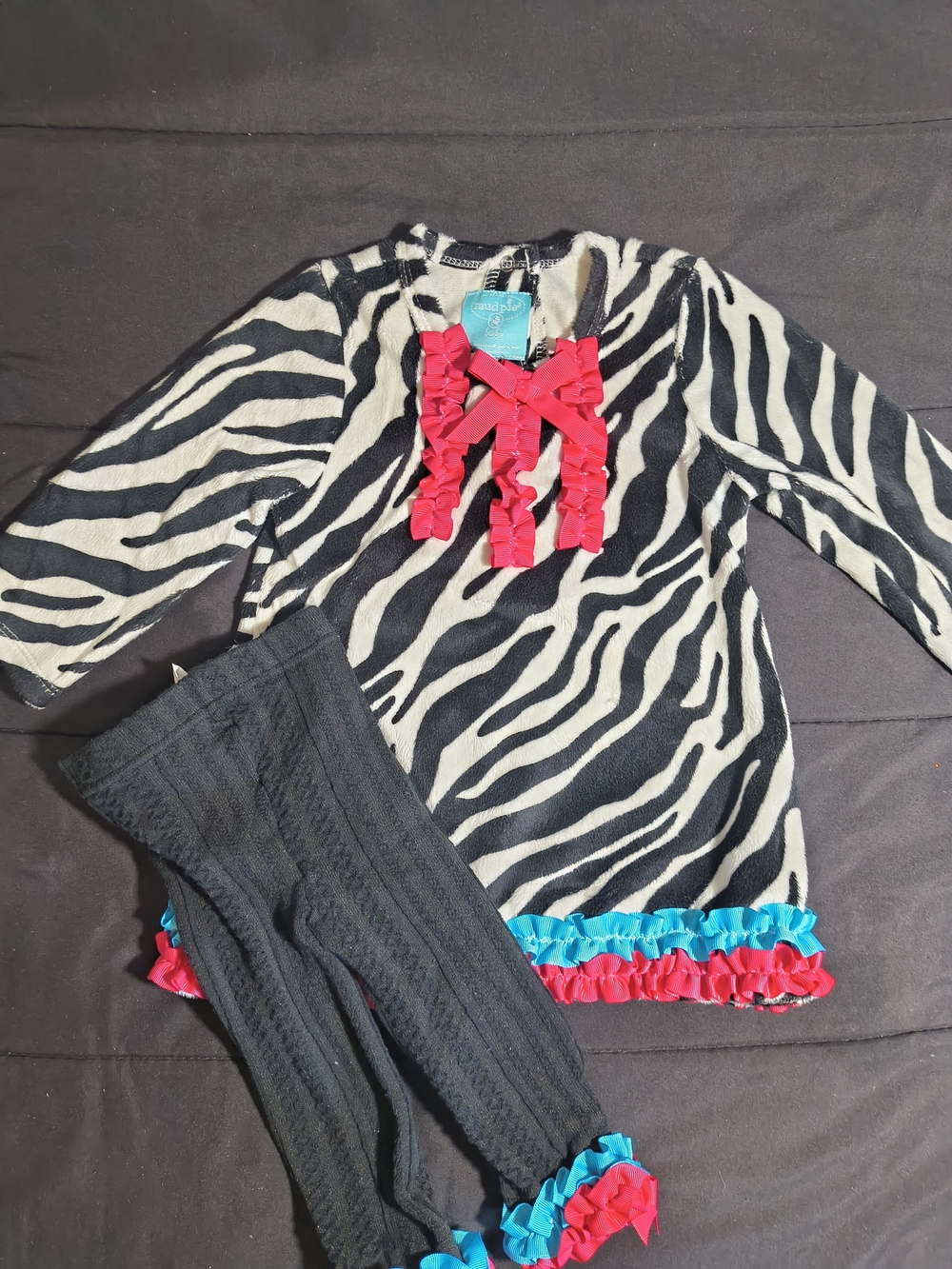 Mud Pie Black and White Zebra Tunic Set with Hot Pink & Turquoise Ruffles